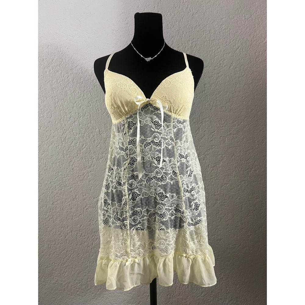 Vintage Y2K Apt 9 Yellow Pastel Lace Babydoll Slip Dress Sheer Lingerie Ruffle